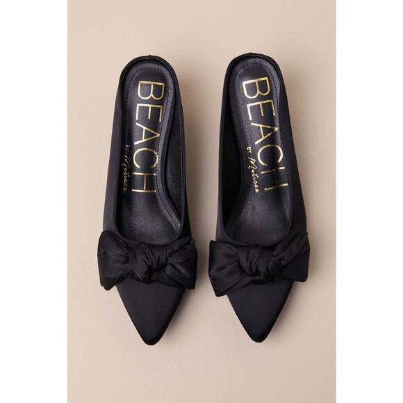 Beach by Matisse Bow Black Satin Kitten Heel Mule Pumps - Picture 1 of 4